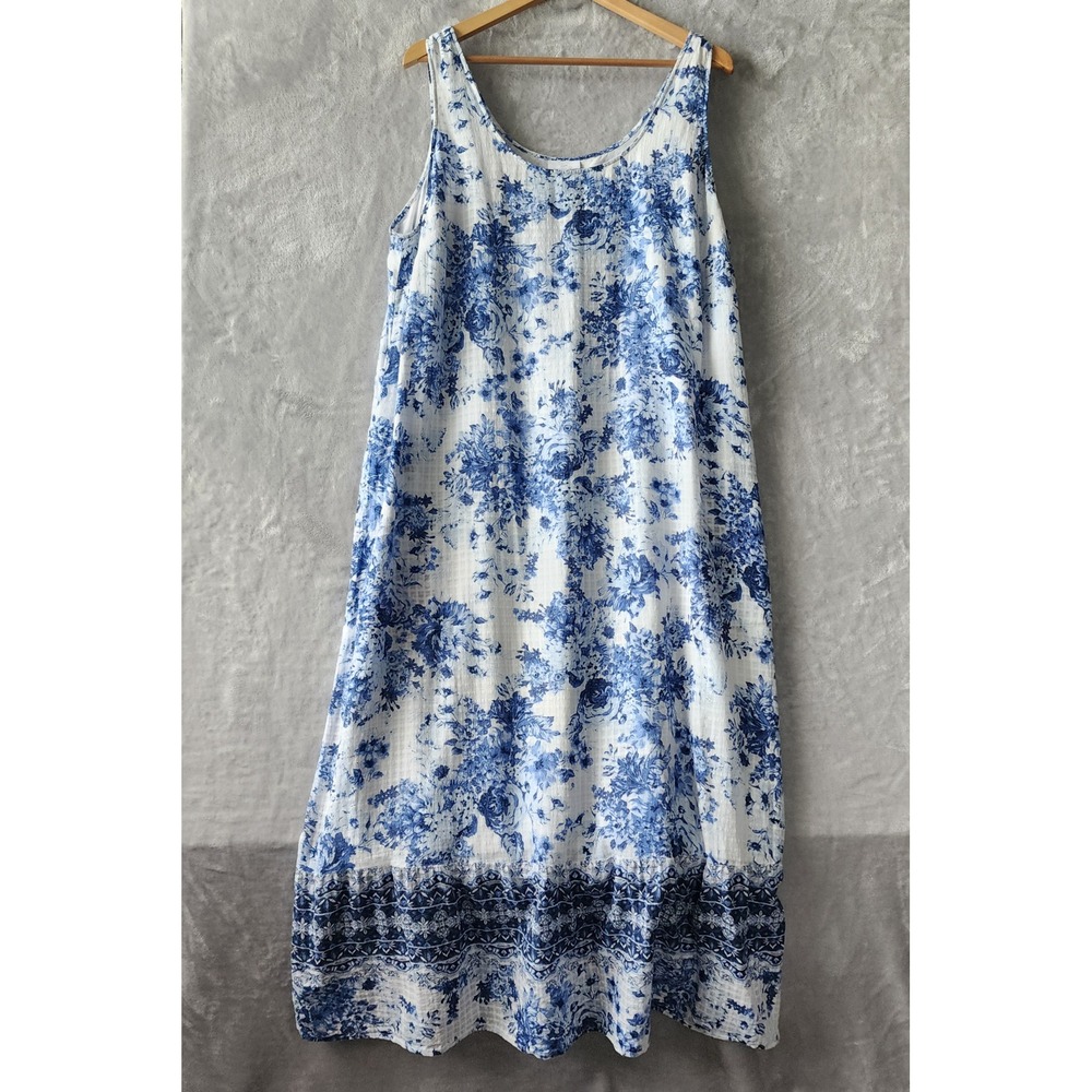 J. Jill Dress Womens Size 2X Blue Floral Toile Cotton Gauze Long Maxi Pockets